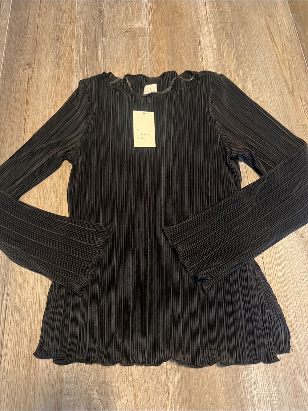 a new day Black Pleated Ruffle Trim Blouse